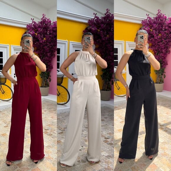 Chic Halter Neck Wide-Leg Jumpsuit in Burgundy, Silver, Black -Size S, M, L, XL - Picture 1 of 5